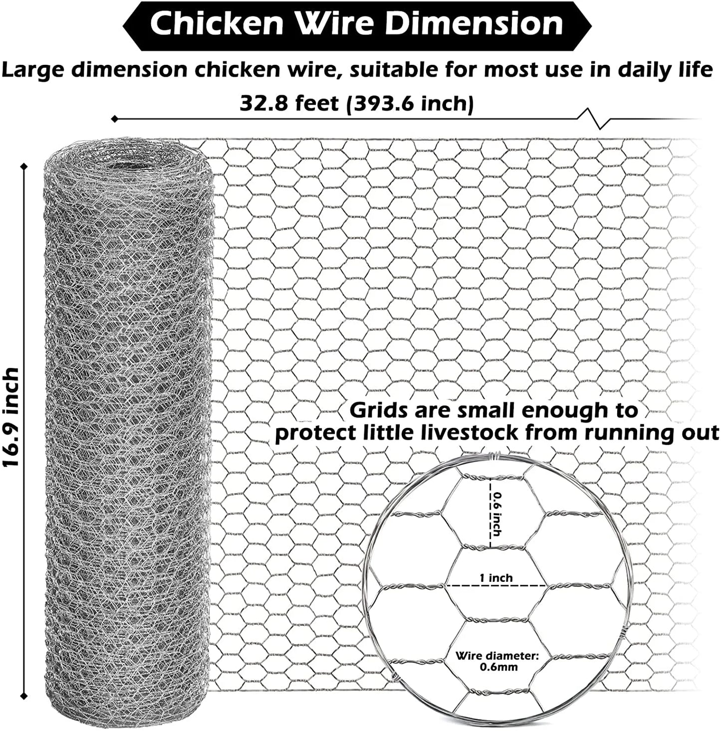 Chicken Wire Fencing Mesh 16.9Inx32.8Ft, 0.6'' Fences Hexagonal Silver Landscape